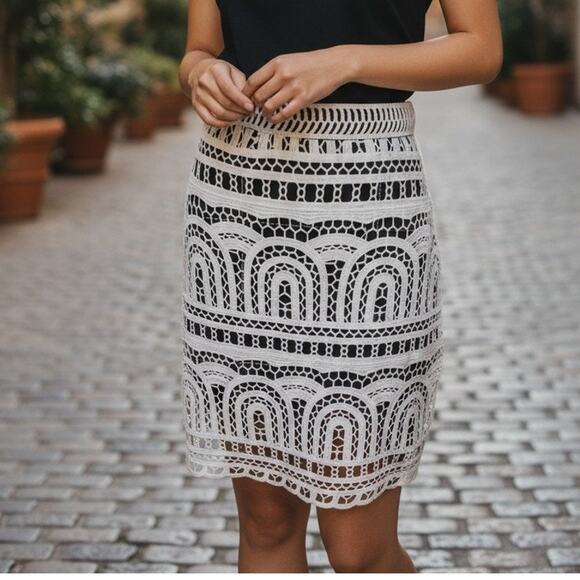 Goldie Black White Lace Mini Straight Pencil  Skirt Large - Picture 1 of 7